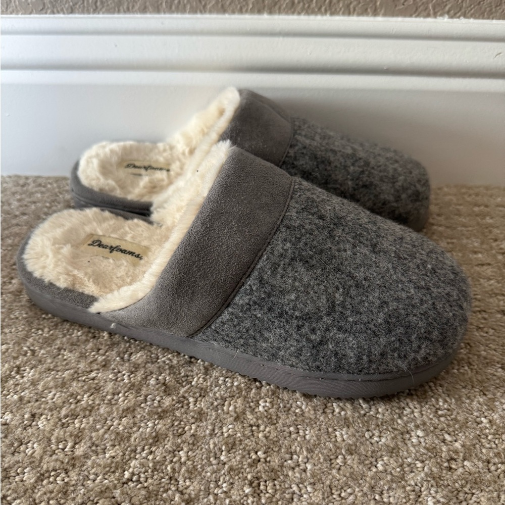 Dearfoams Gray Felt Slip-On Faux Fur Lined Slippers